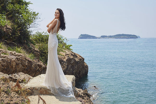 Chic Bohemian beach look lace chiffon satin fit & flare wedding dress –  Bela Bridal