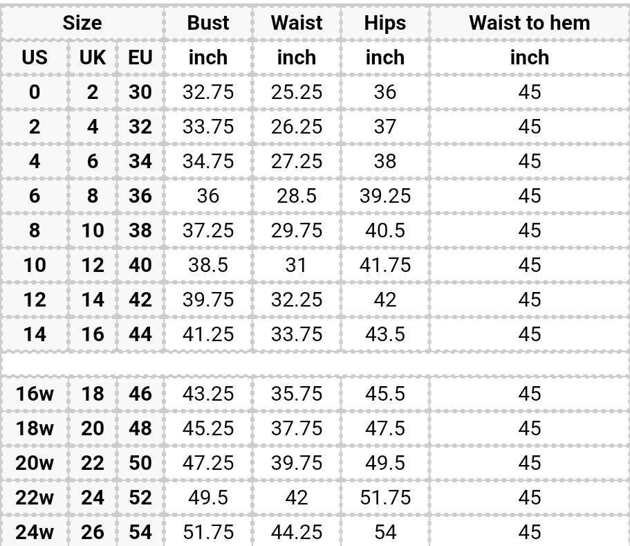 CHIC NOSTALGIA SIZE CHART