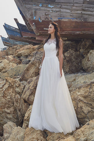 Chic Bohemian beach look lace chiffon satin A-line ball gown wedding dress