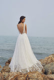 chic Bohemian beach look lace chiffon satin fit & flare wedding dress