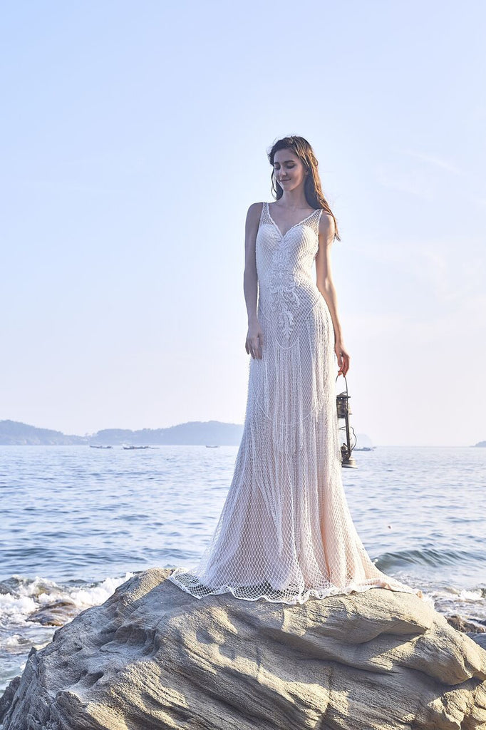 Chic Bohemian beach look lace chiffon satin fit & flare wedding dress