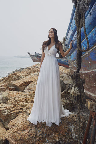 Chic Bohemian beach look lace chiffon satin  fit & flare wedding dress