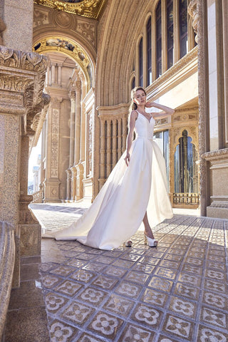 Chic Bohemian beach lace chiffon satin fit & flare wedding dress