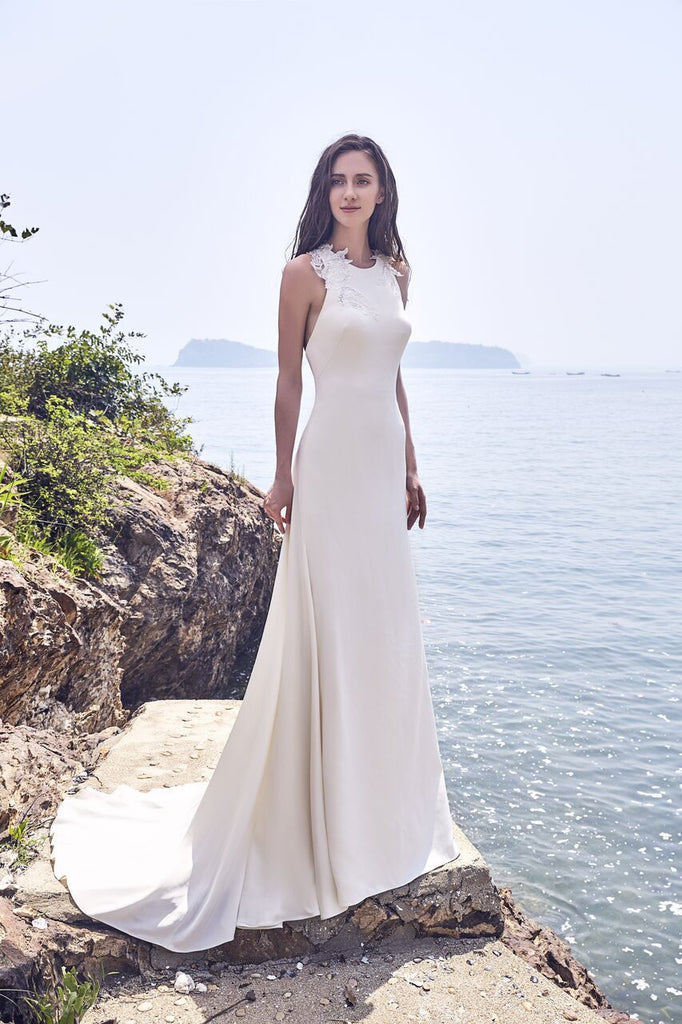 Chic Bohemian beach look lace chiffon satin A-line wedding dress
