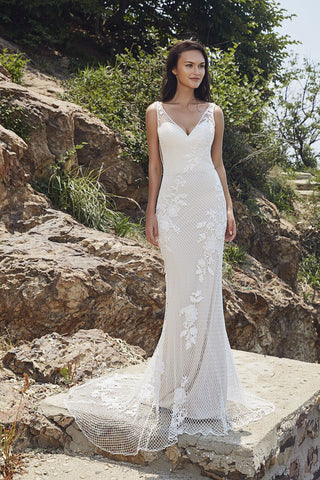 Chic Bohemian beach look lace chiffon satin fit & flare wedding dress Bela Bridal Chic Bohemian beach look lace chiffon satin fit & flare wedding dress Bela Bridal