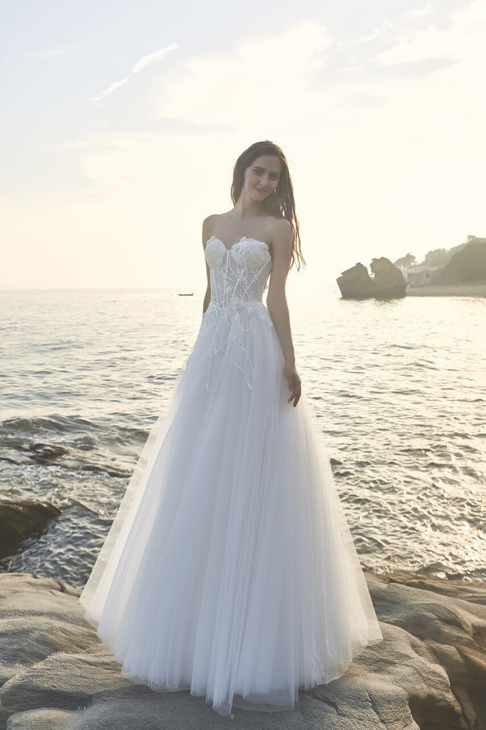 Chic Bohemian beach look lace chiffon satin A-line wedding dress