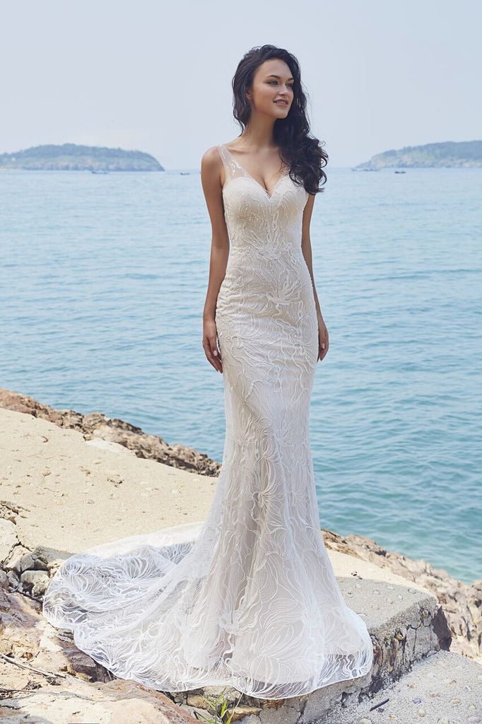 Chic Bohemian beach look lace chiffon satin fit & flare wedding dress Bela Bridal Chic Bohemian beach look lace chiffon satin fit & flare wedding dress Bela Bridal