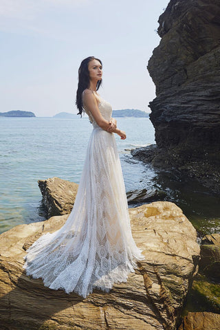 Chic Bohemian beach look lace chiffon satin A-line wedding dress – Bela Bridal
