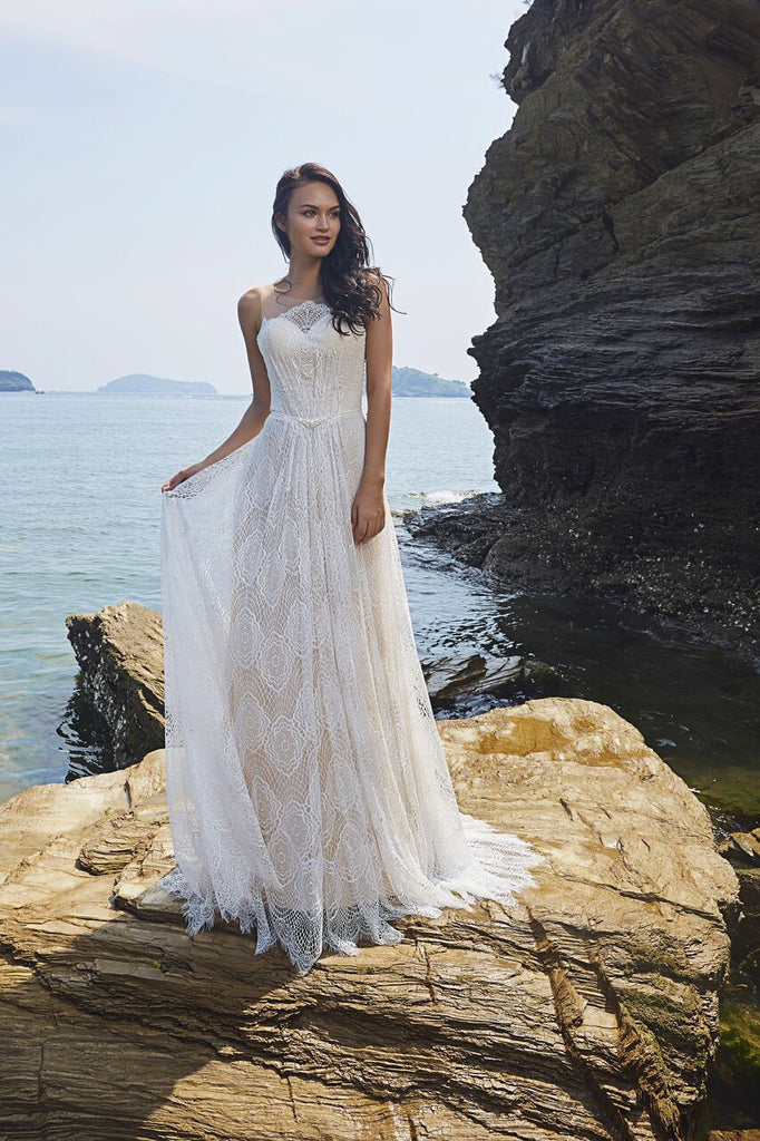 Chic Bohemian beach look lace chiffon satin A-line wedding dress Bela Bridal Chic Bohemian beach look lace chiffon satin A-line wedding dress Bela Bridal
