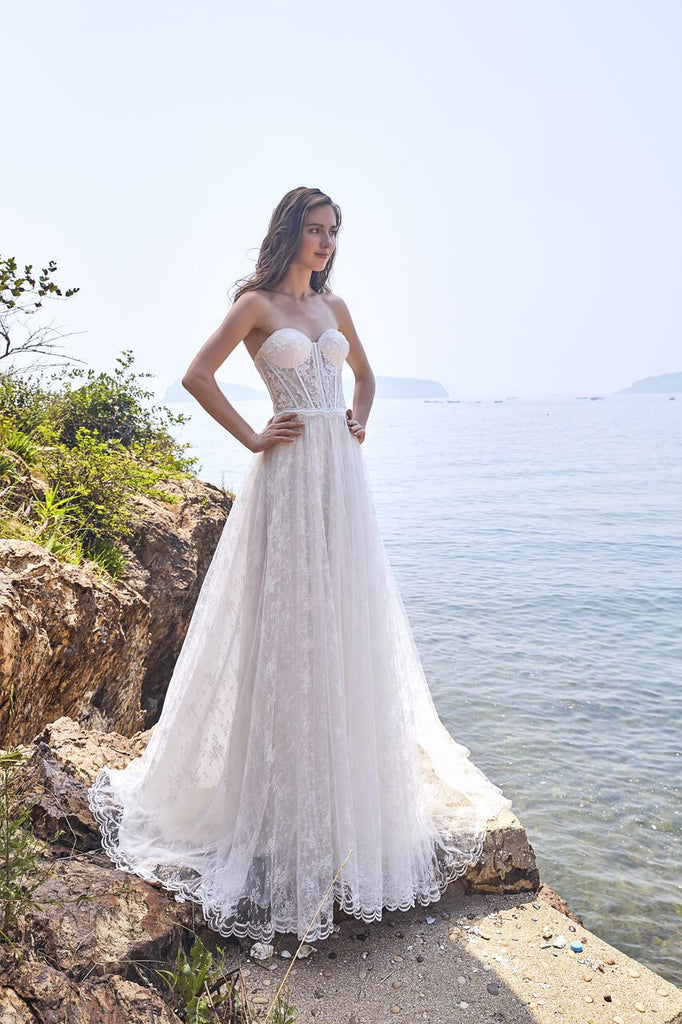 Chic Bohemian beach look lace chiffon satin A-line ball gown wedding dress
