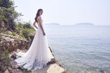 Chic Bohemian beach look lace chiffon satin A-line ball gown wedding dress