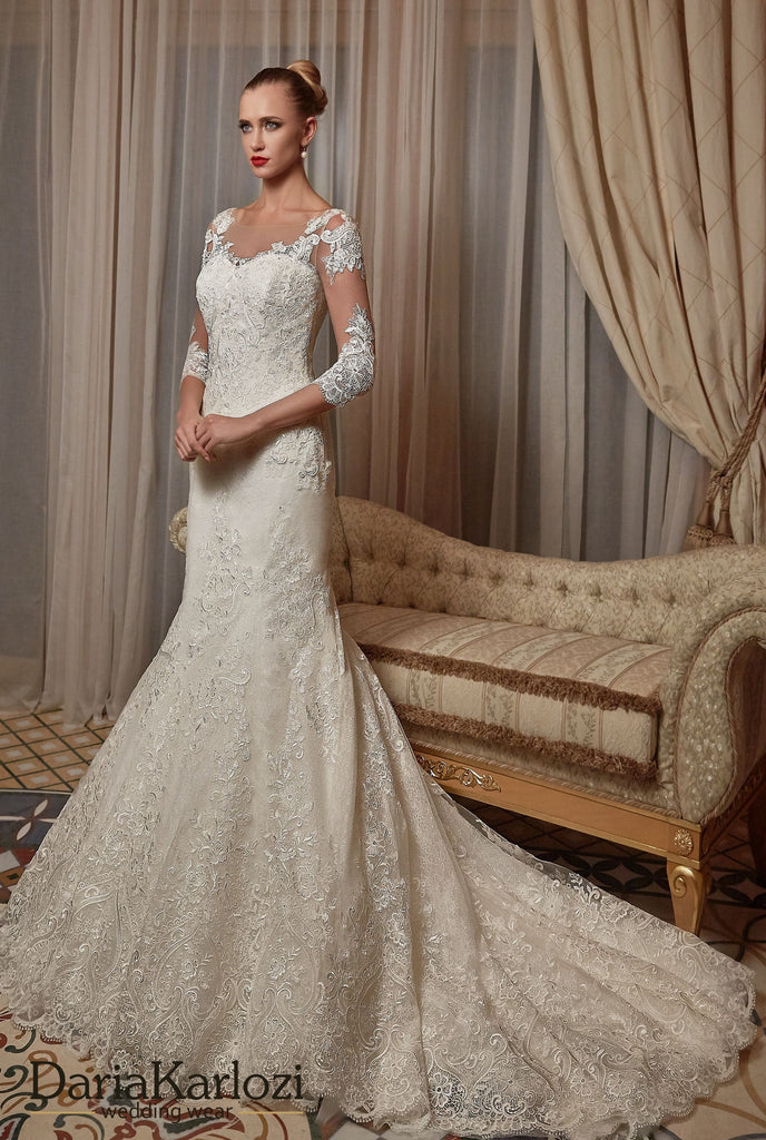 trumpet mermaid long sleeve wedding dress Mermaid V-Neck Natural Chapel Train Lace Tulle Modest Wedding Dress COCOMELODY CW3279, 45 Days / Ivory / US6-UK8-EUR36