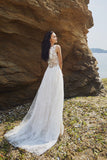 Chic Bohemian beach look lace chiffon satin wedding dress