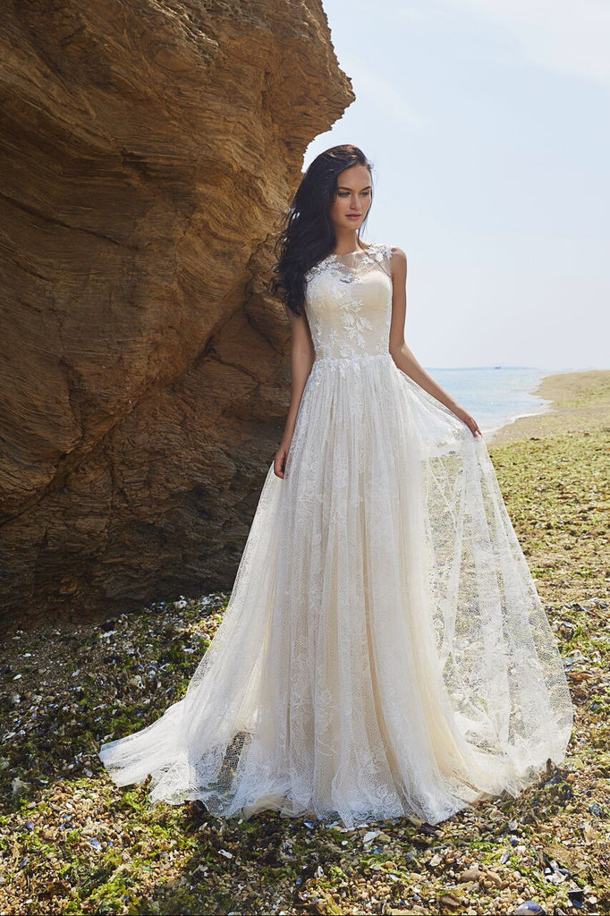 designer bohemian dresses Designer Chic Bohemian beach look lace chiffon satin wedding dress – Bela Bridal