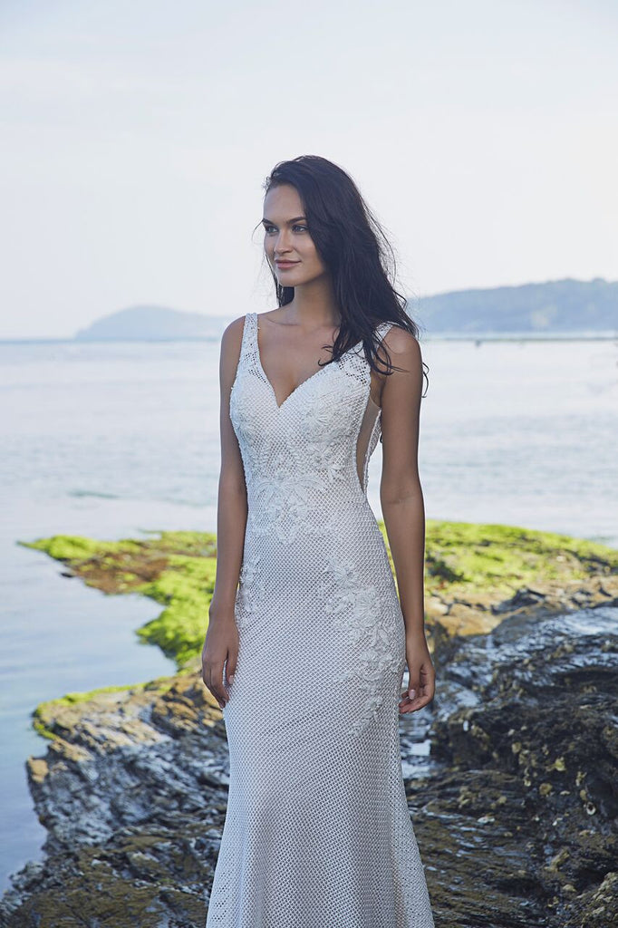 Chic Bohemian beach look lace chiffon satin wedding dress