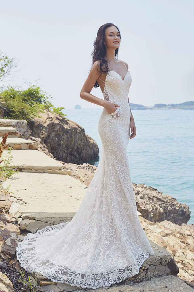 Chic Bohemian beach look lace satin wedding dress
