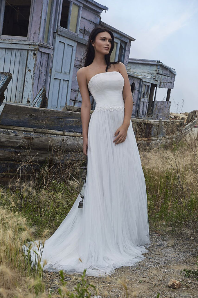 Chic Bohemian look beach lace chiffon satin A-line wedding dress Bela Bridal Chic Bohemian look beach lace chiffon satin A-line wedding dress Bela Bridal