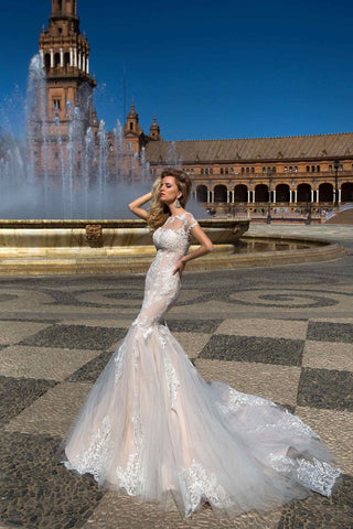 Beaded Lace Trumpet Mermaid Wedding Dress..