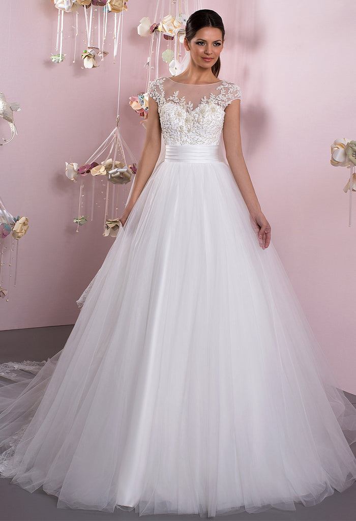Lace tulle strapless short sleeve ivory princess ball gown lace A-Line Bela Bridal Lace tulle strapless short sleeve ivory princess ball gown lace A-Line Bela Bridal