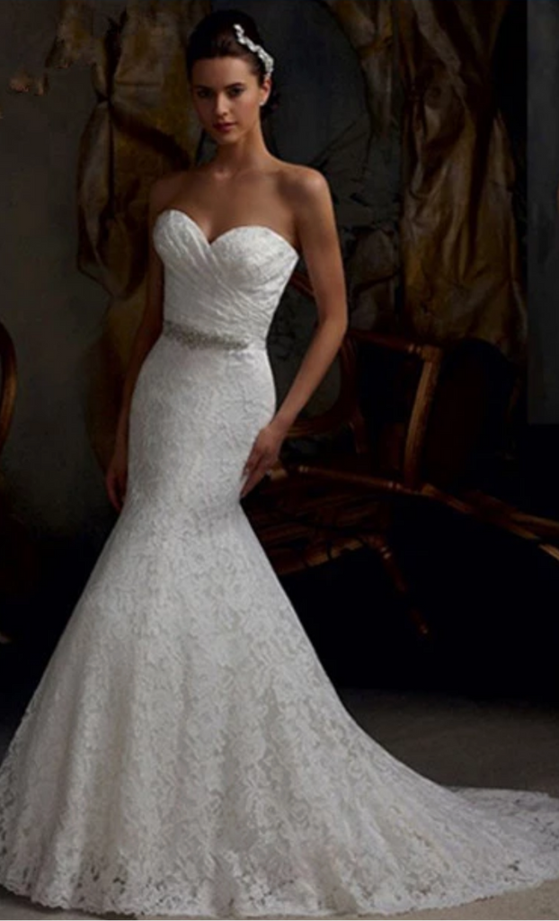 beaded venice lace trumpet wedding dress Beaded Lace Appliqued Tulle Satin Trumpet Wedding Dress