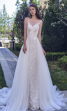 Beach lace chiffon satin pearl A-line wedding dress