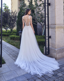Beach lace chiffon satin pearl A-line wedding dress