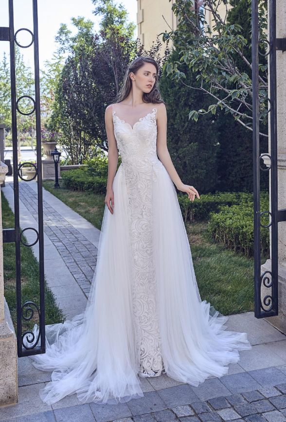 Beach lace chiffon satin pearl A-line wedding dress