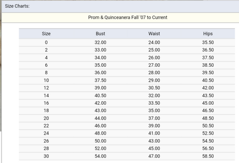 Size Chart Quinceanera