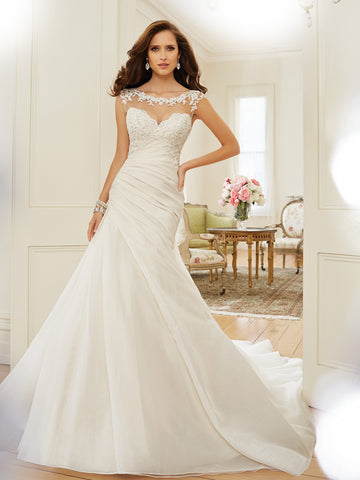 Sophia Tolli A-line illusion tulle neckline Wedding Dress, lace over satin gown