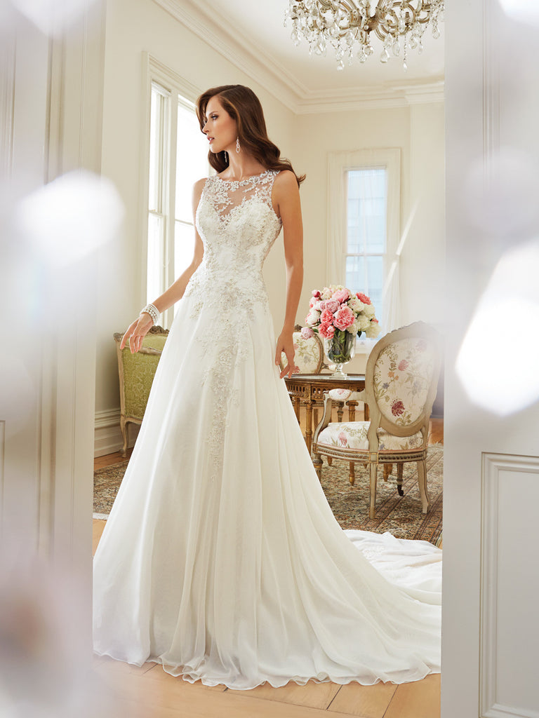 Sophia Tolli A-line Wedding Dress, illusion neckline, chiffon gown