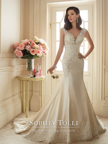 Sophia Tolli Off-the-Sholder Satin Mermaid Wedding Gown