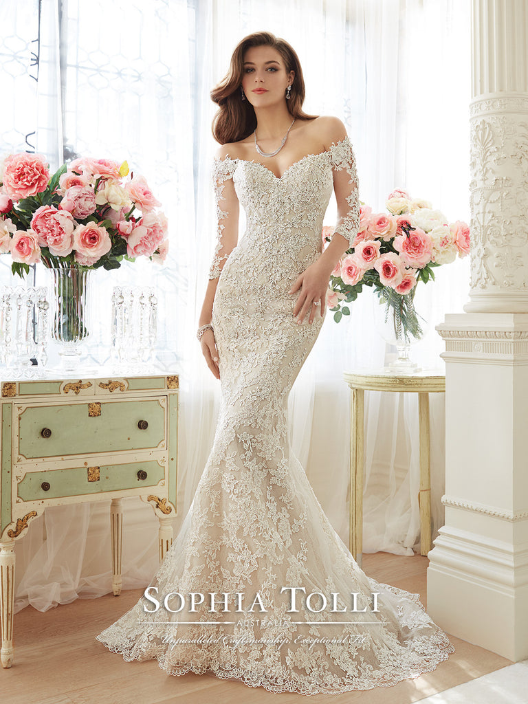 Sophia Tolli Off-the-Sholder Lace and Tulle Trumpet Wedding Gown Sophia Tolli Off-the-Sholder Lace and Tulle Trumpet Wedding Gown