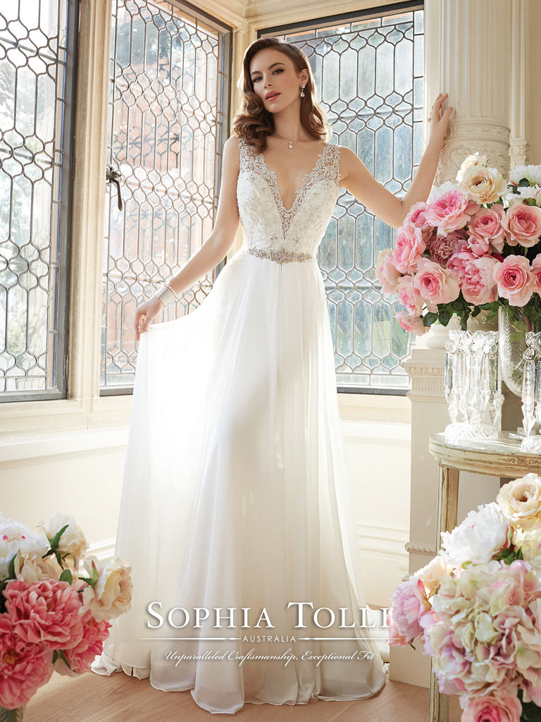 Sophia Tolli Sleeveless Chiffon Slim A-Line Wedding Gown Sophia Tolli Sleeveless Chiffon Slim A-Line Wedding Gown