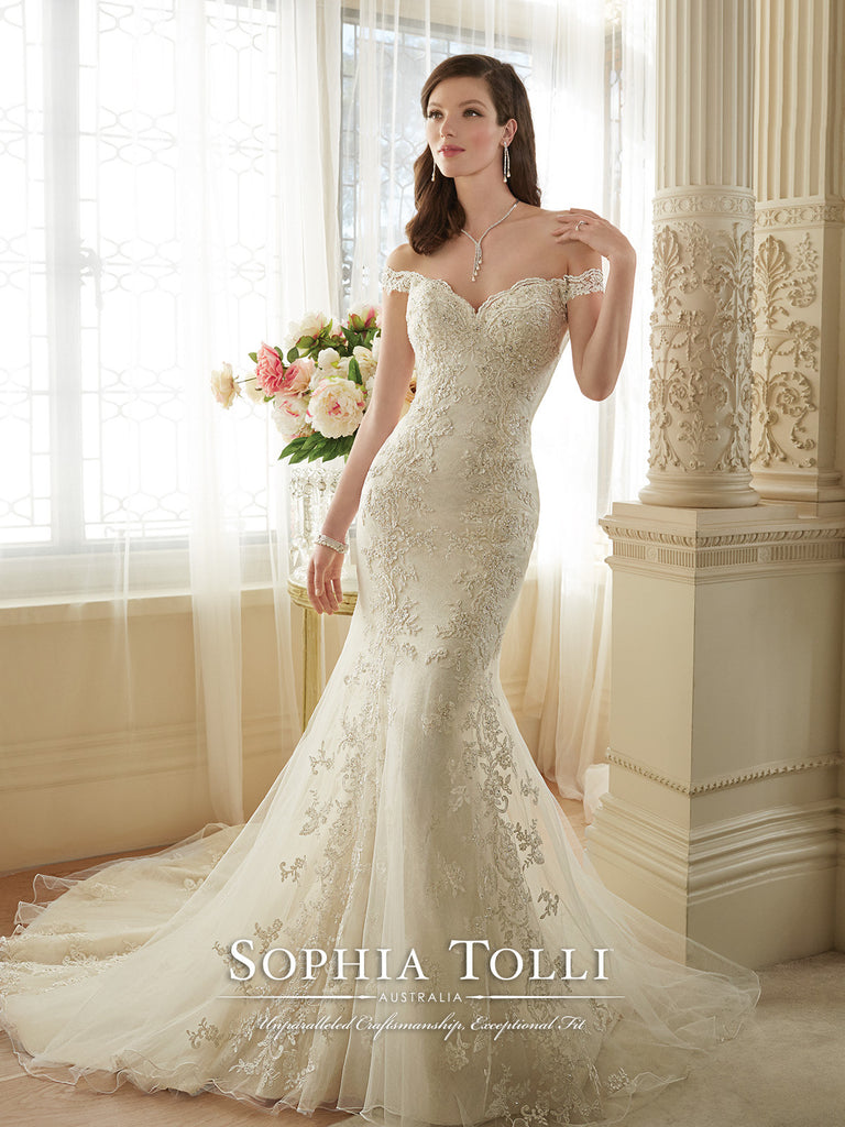 Sophia Tolli Off the Sholder Tulle allover Lace Trumpet Wedding Gown