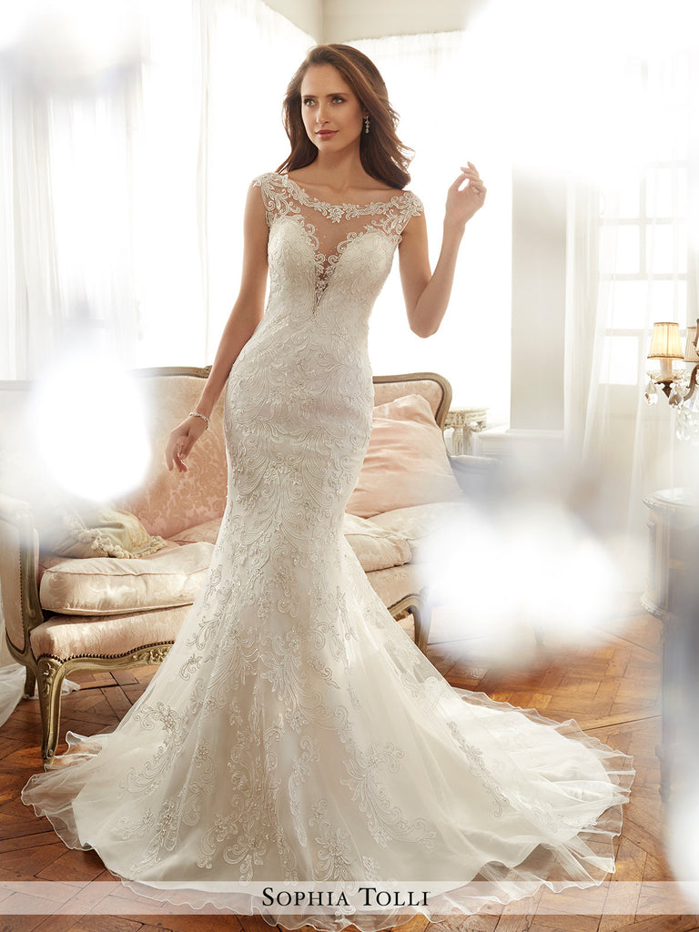 Sophia Tolli misty tulle soft trumpet with lightly hand-beaded lace wedding gown