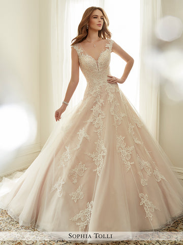 Sophia Tolli misty tulle with illusion slight cap sleeves and scattered beading wedding ball gown