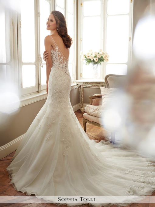 Sophia Tolli sleeveless misty tulle mermaid with slender illusion shoulder straps wedding gown Sophia Tolli sleeveless misty tulle mermaid with slender illusion shoulder straps wedding gown