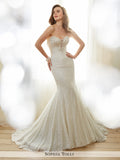 Sophia Tolli strapless allover shimmer lace and soft tulle over corded metallic lace trumpet with sweetheart neckline wedding gown