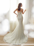 Sophia Tolli strapless allover shimmer lace and soft tulle over corded metallic lace trumpet with sweetheart neckline wedding gown
