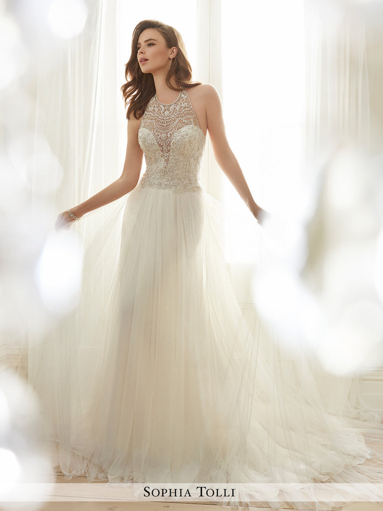 Sophia Tolli sleeveless soft tulle slim A-line and illusion