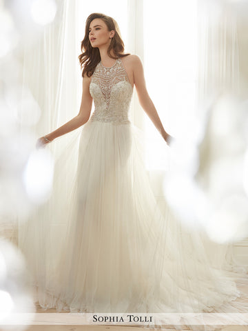 Sophia Tolli sleeveless soft tulle slim A-line and illusion scooped halter neckline wedding gown