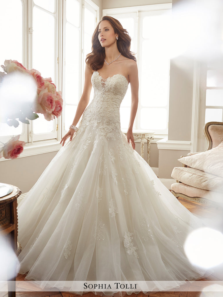 Sophia Tolli strapless misty tulle mermaid sweetheart neckline wedding gown