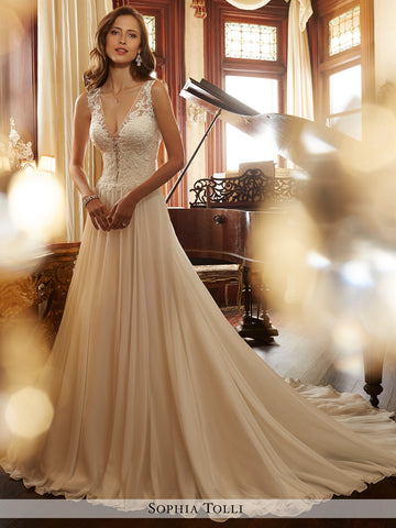 Sophia Tolli sleeveless chiffon A-line with illusion plunging V-neckline wedding gown