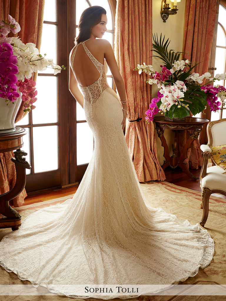 Sophia Tolli sleeveless allover soft lace over soft satin mermaid, deep V-neckline  wedding dress