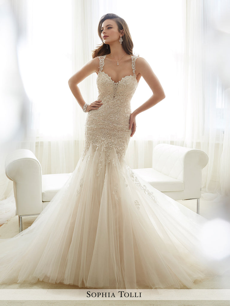 Sophia Tolli sleeveless misty tulle mermaid with illusion lace tapered shoulder straps wedding dress