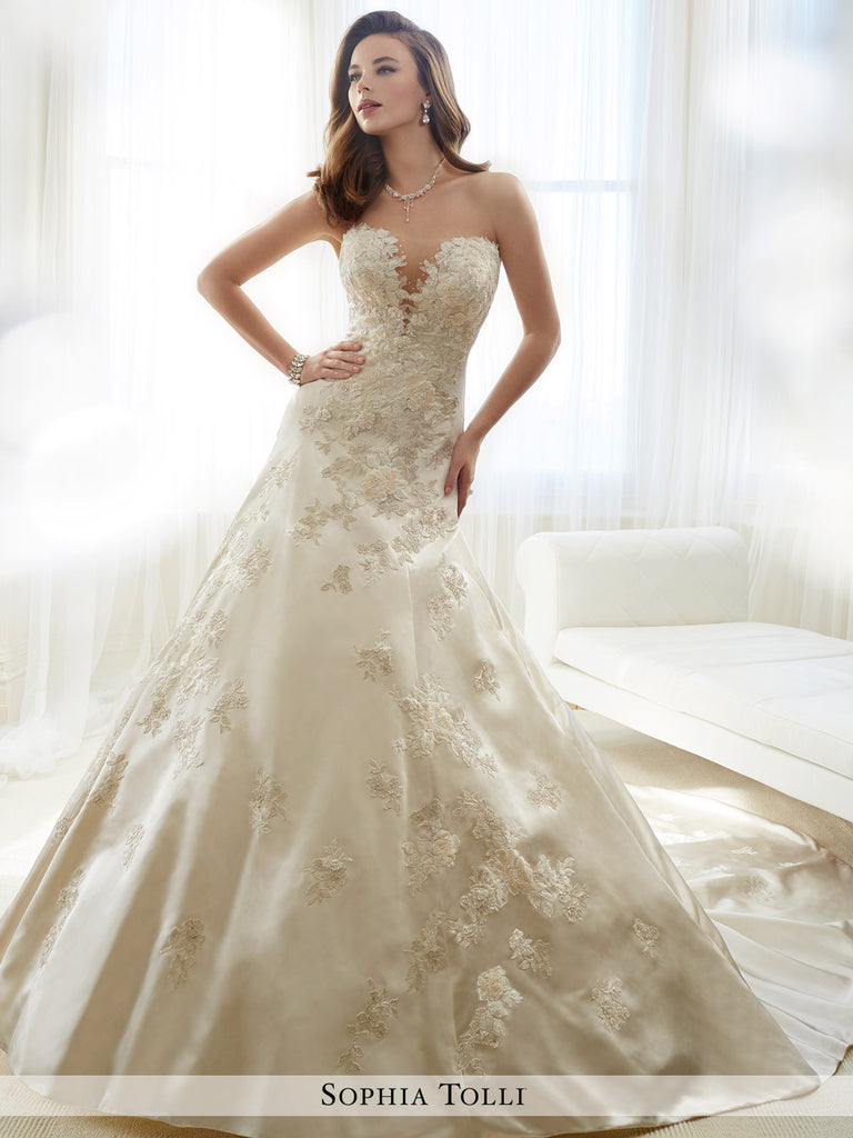 Sophia Tolli Strapless Paris Satin A-Line With Deep Plunging Sweetheart Neckline Wedding Gown Sophia Tolli Strapless Paris Satin A-Line With Deep Plunging Sweetheart Neckline Wedding Gown