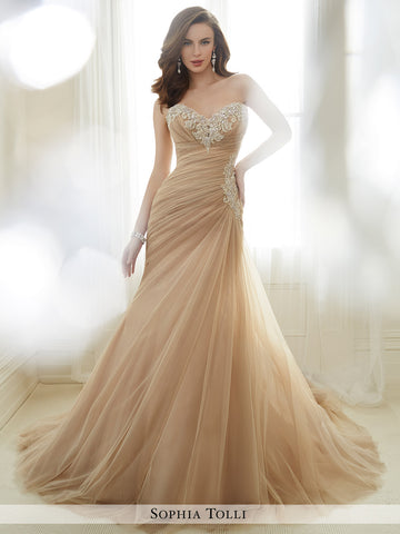 Sophia Tolli strapless asymmetrically draped misty tulle mermaid with a sweetheart neckline wedding gown