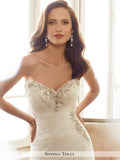 Sophia Tolli strapless asymmetrically draped misty tulle mermaid with a sweetheart neckline wedding gown