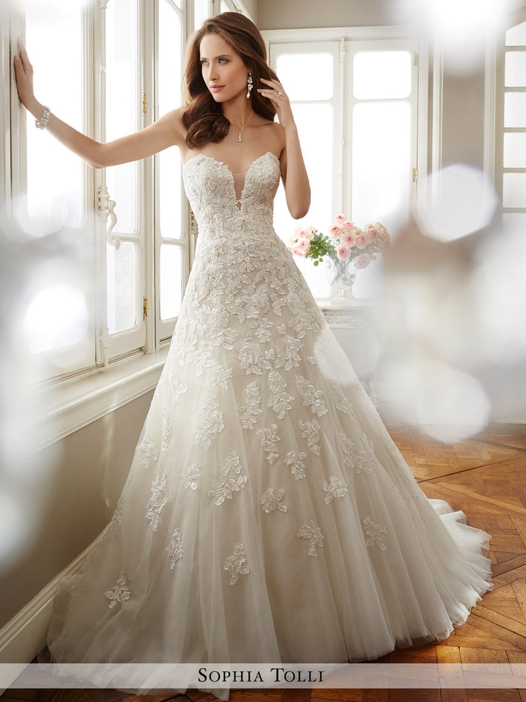 Sophia Tolli Strapless Misty Tulle A-Line With Deep Plunging Sweetheart Neckline  Wedding Gown