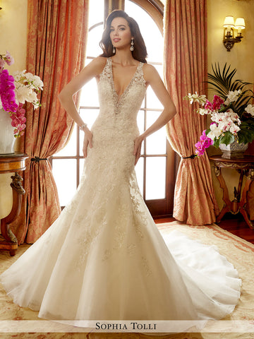Sophia Tolli sleeveless organza mermaid with semi-sheer illusion shoulder straps wedding dress